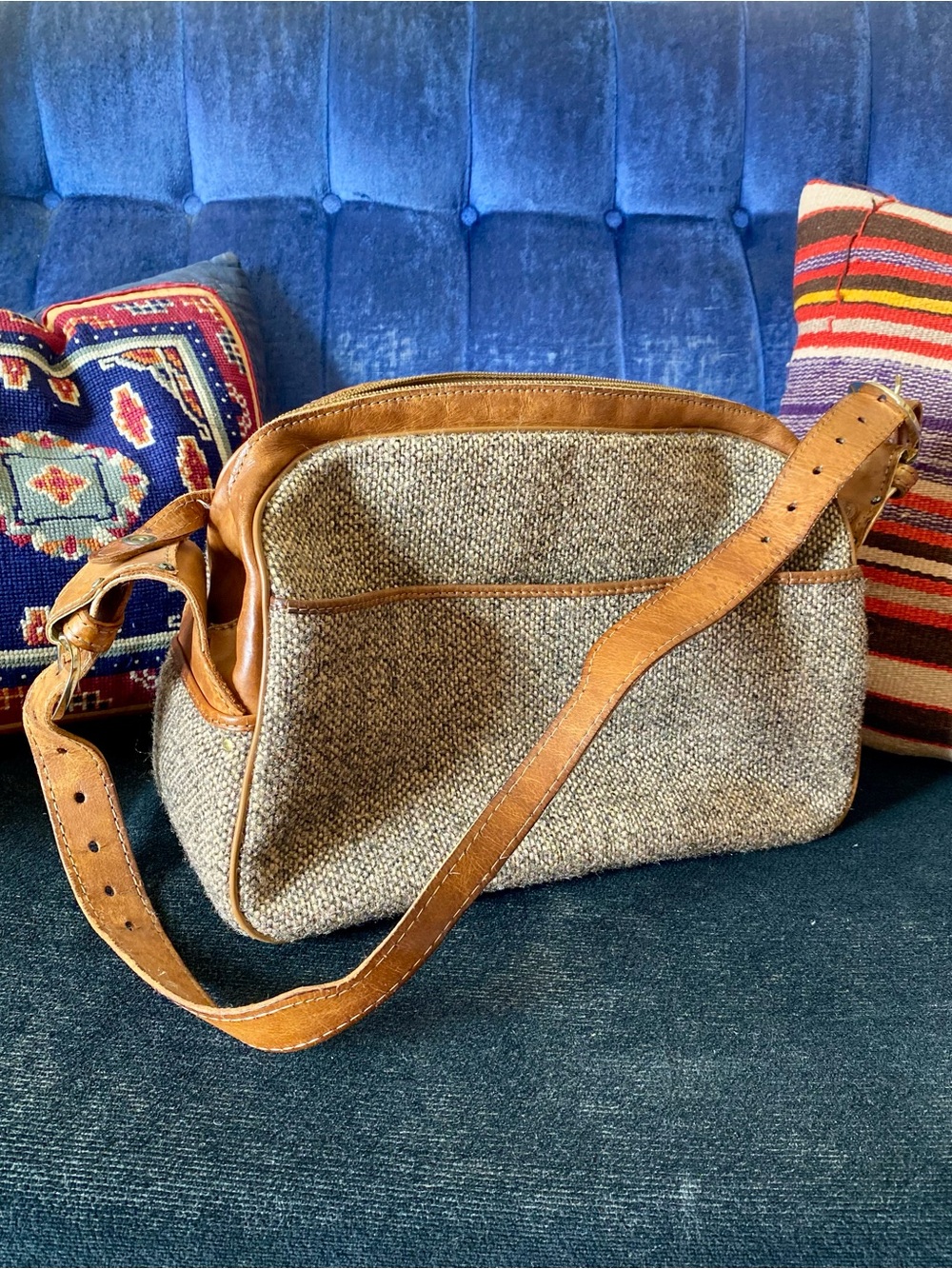 Woven Tweed Crossbody Bag with Leather Trim